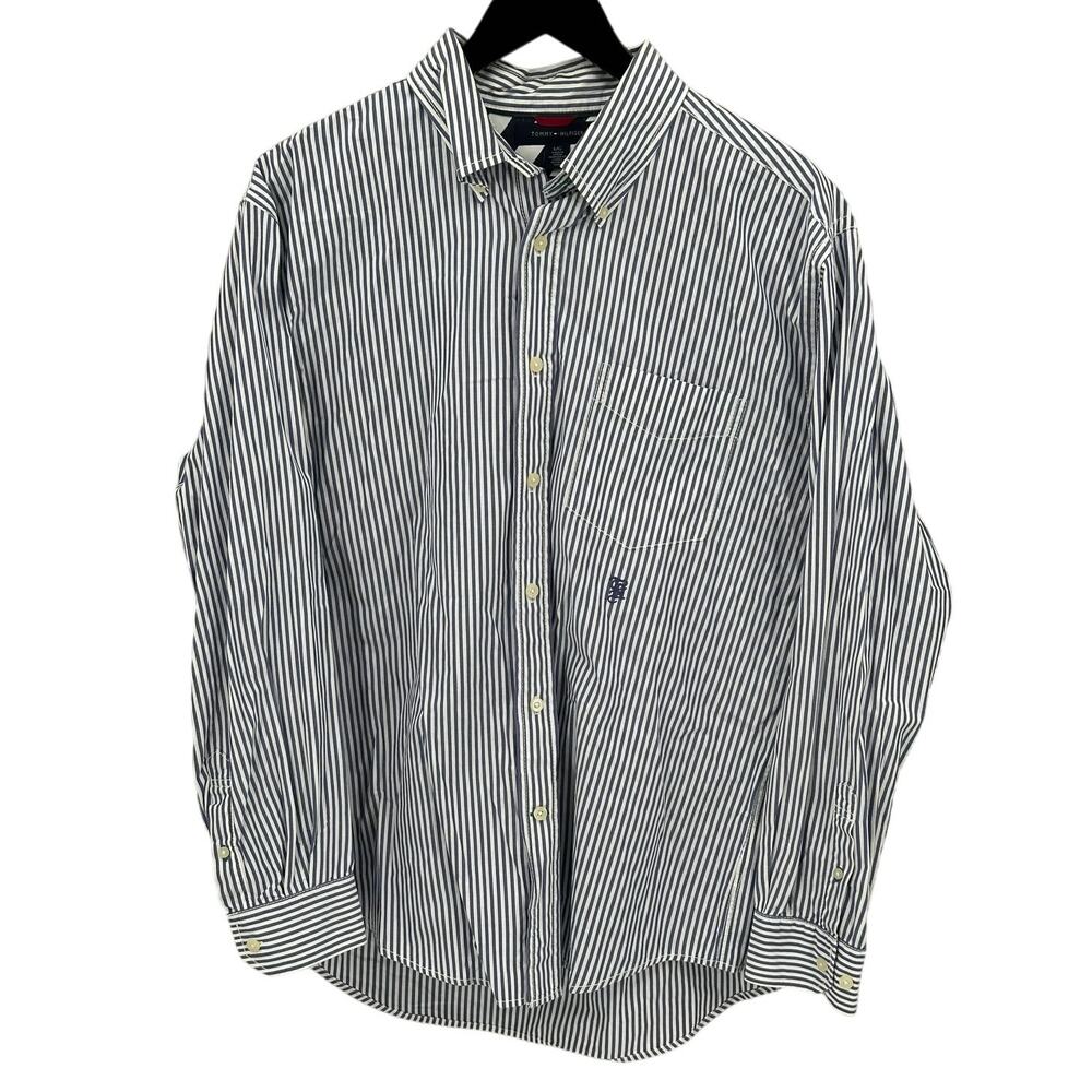 Tommy Hilfiger Shirt Mens Large Blue White Stripe 100% Cotton Preppy Office Work